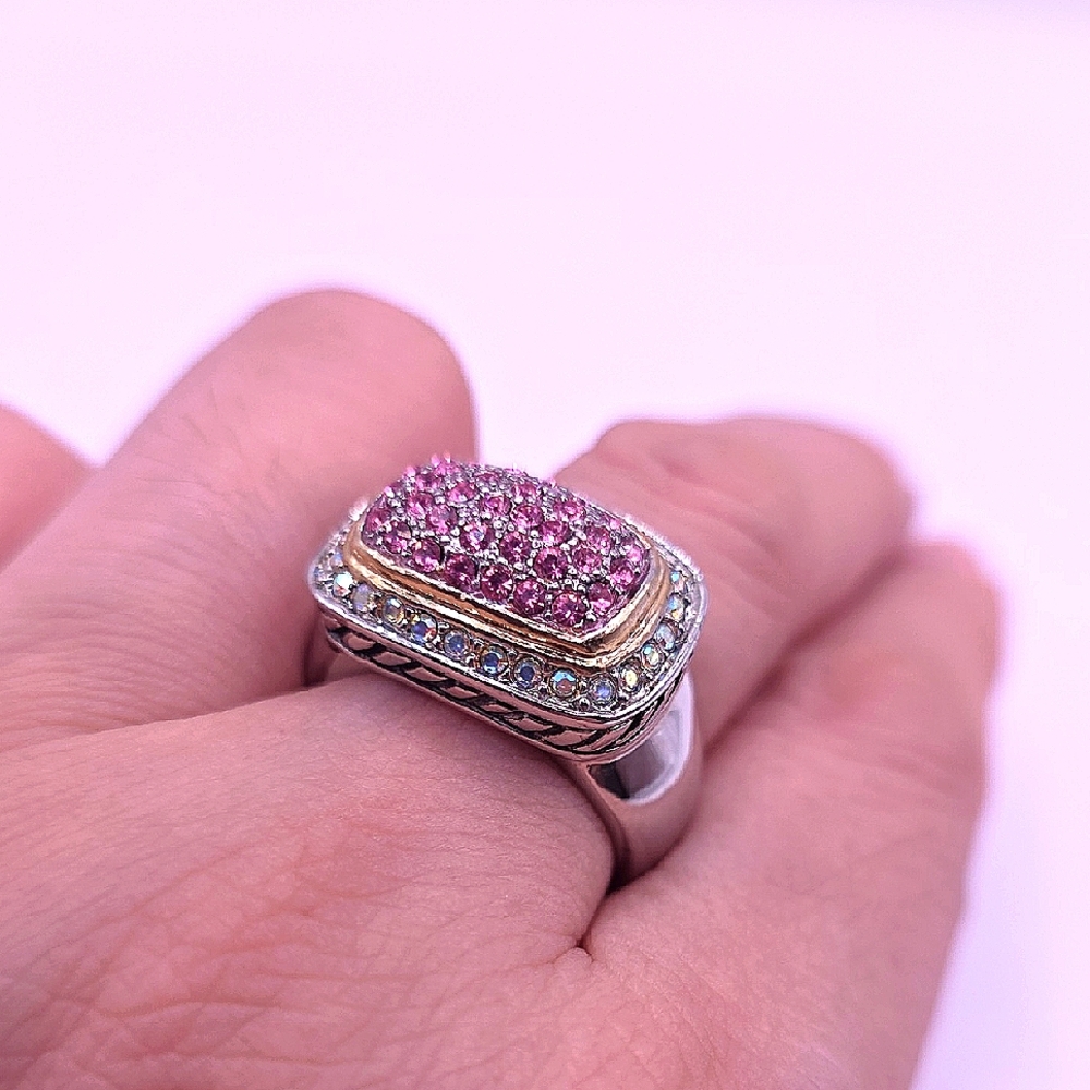 Elegant Pink and AB Crystal Silvertone Ring